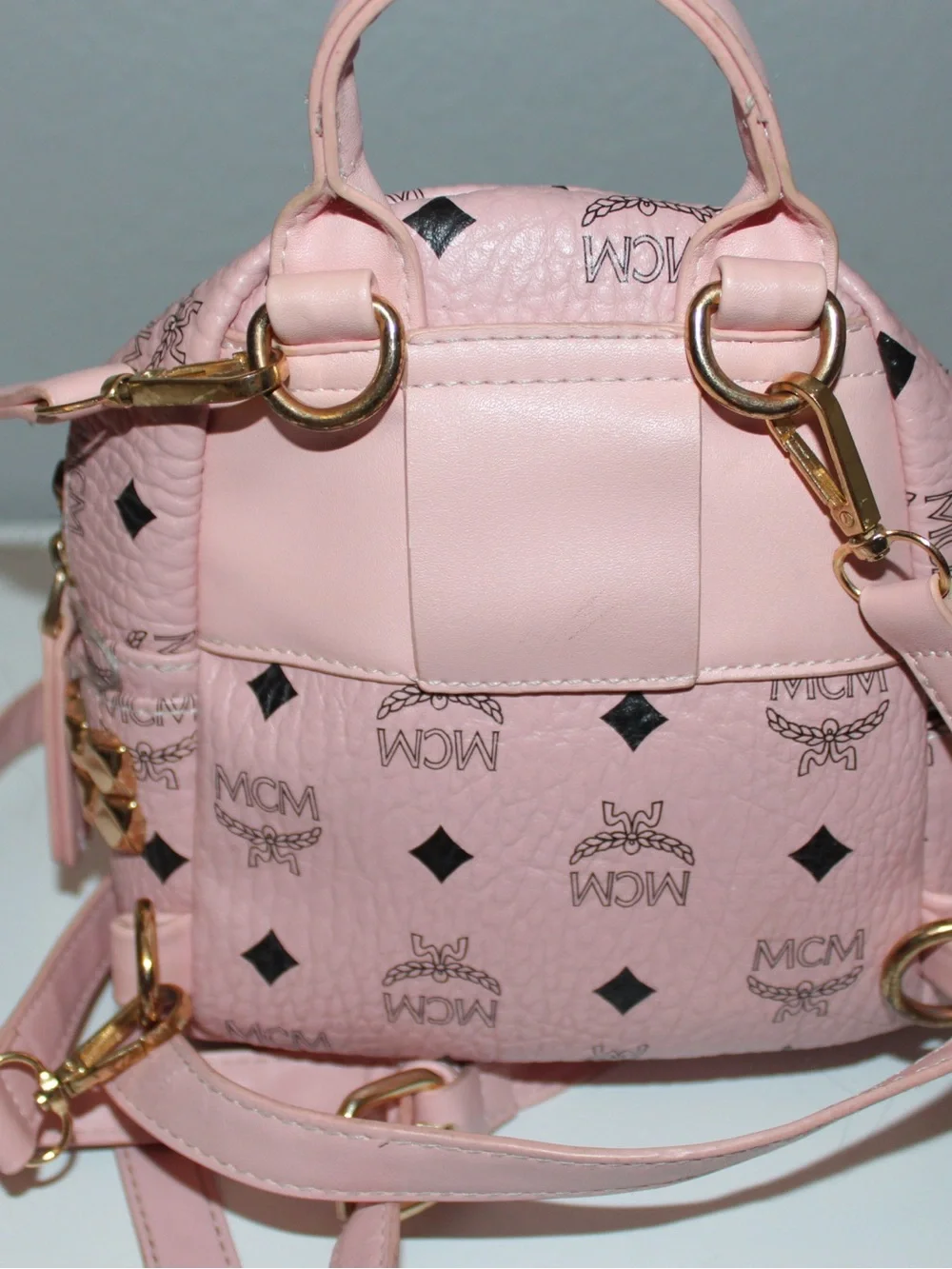 MCM Pink Logo Print Mini Backpack with Gold Hardware
